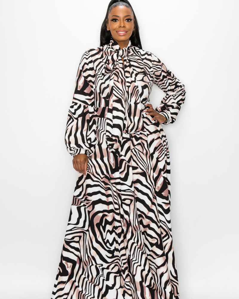 Front of a model wearing a size 1X Tiger Bella Donna Dress in Stone/Gray/Black by L I V D. | dia_product_style_image_id:241407
